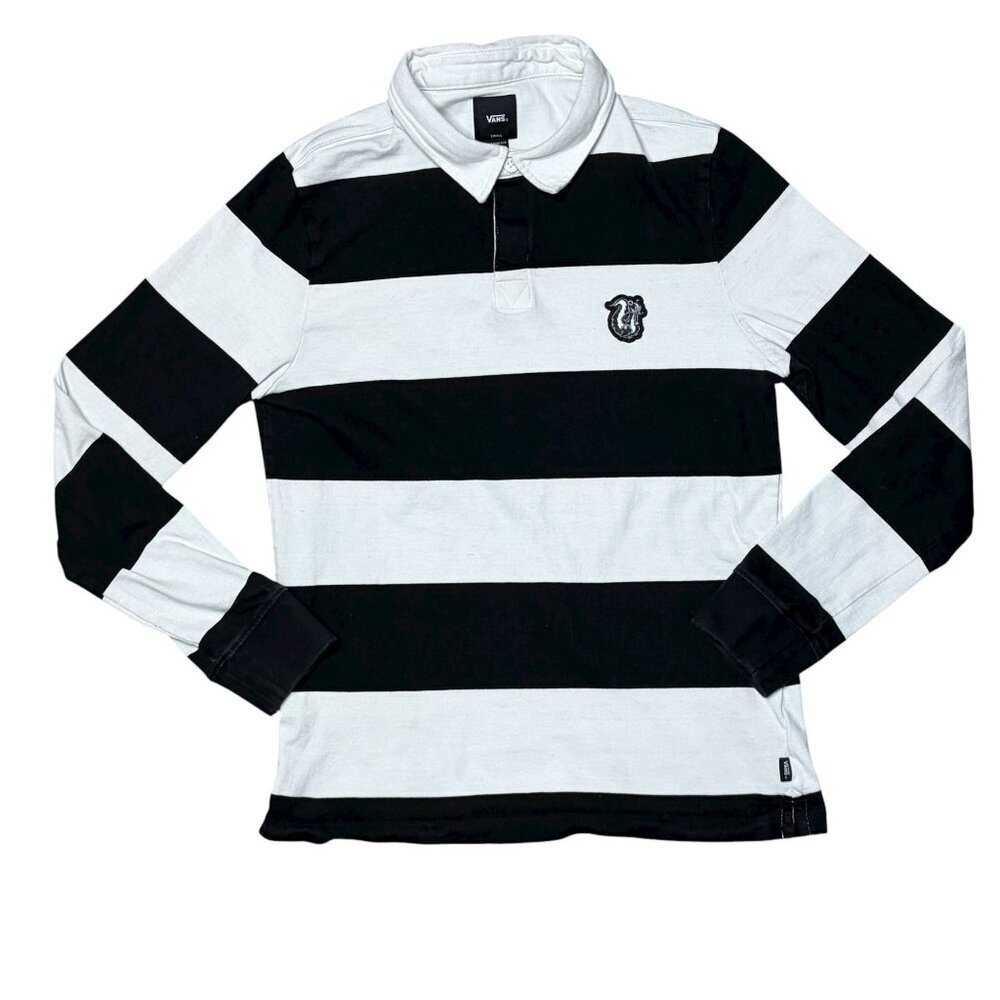 Vans Off The Wall Mens Small Black White Striped Long Sleeve Rugby Polo Skunk Pa